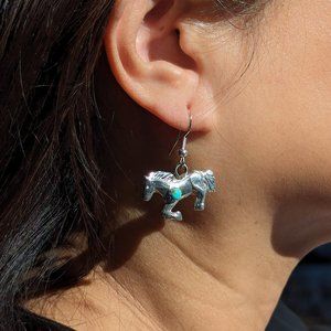 Native American Women's Blue Turquoise Horse Earrings Navajo‎ Jewelry***